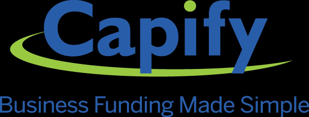 Weißer Hintergrund mit zentrierter fetter schwarzer Schrift "capify business funding made simple" in einem dünnen schwarzen Rahmen, unter Verwendung einer modernen professionellen Schriftart.