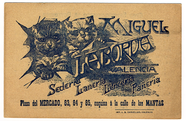 Zwei Katzen auf einer alten Visitenkarte mit Textbeschreibung.