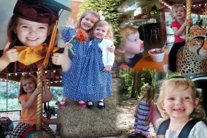 Ein Collage mit Vergnügungspark-Fahrgeschäften, einem Tisch mit Speisen, darunter ein Becher und ein Löffel, verschiedenen Gegenständen, Lichtern, einer Wand, Büschen, Bäumen, Gras, einem Seil und einem Hut.