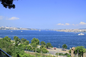 Eine Stadtansicht mit klarem Himmel, zahlreichen Gebäuden und einem Meer mit Booten; ein Strand mit Menschen, die es genießen, umgeben von Bäumen, Straßen und Straßenlaternen auf beiden Seiten.