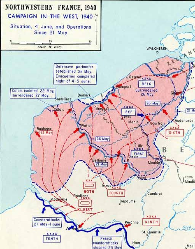 Ausführliche Karte von Nordfrankreich während des Westfeldzugs 1940, mit Text und numerischen Daten versehen.