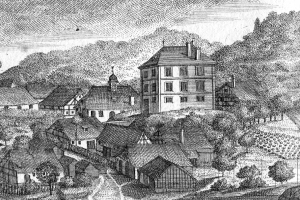 Schwarze und weiße Zeichnung einer kleinen 19. Jahrhundert-Bayerischen Stadt mit einer zentralen Kirche, Häusern, Bäumen und einem Himmel, beschriftet mit "Bayern im 19. Jahrhundert" unten.