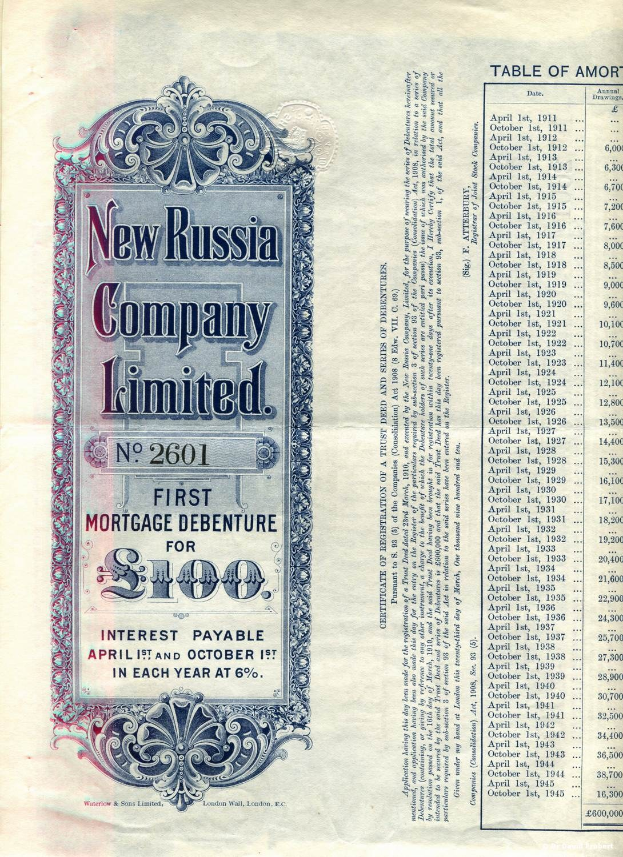 Altes Buch mit einem Aktienzertifikat der New Russia Company Limited auf dem Cover, das gedruckten Text und numerische Details zeigt.