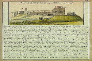 Ein altes Dokument mit einer Zeichnung einer Burg auf einem Hügel, umgeben von grünem Gras und einem blauen Himmel, mit der Aufschrift "München, Deutschland" darauf.