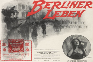 Eine alte deutsche Zeitungsanzeige für Berliner Leben, die eine Frau in einem schwarzen Kleid zeigt, begleitet von Text, einem Stempel, ein paar Menschen und einem Gebäude im Hintergrund.