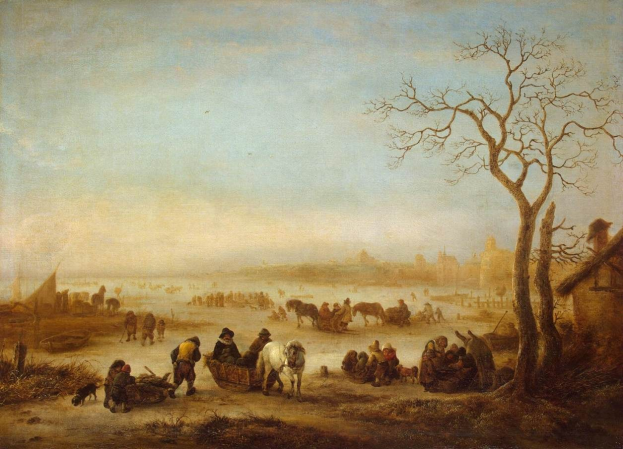 Winterlandschaftsbild namens "Die Eiszeit" von Johannes Vermeer, das eine Gruppe von Menschen auf einem zugefrorenen See mit schneebedeckter Landschaft, Bäumen, Häusern und wolkigem Himmel zeigt.