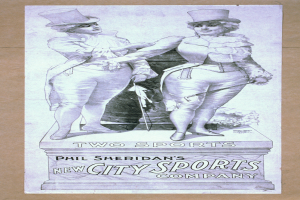 Ein Vintage-Plakat für Phil Sheridans New City Sports Company, das zwei nebeneinanderstehende Personen zeigt, mit Text, der die Firma und ihre Dienstleistungen beschreibt.