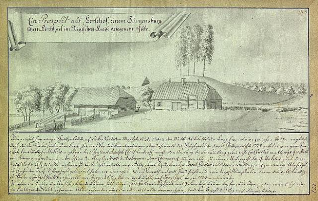 Ein verblichenes Dokument mit der Überschrift "Surgensburg, Deutschland - Landschaft einer Farm" zeigt eine ländliche Szenerie mit einem Farmhaus in einem Feld, umgeben von Häusern, Bäumen und einem bewölkten Himmel.