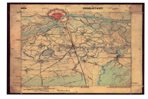 Ein gerahmter, detaillierter alter Stadtplan von Ingolstadt, Deutschland, der Stra├čen, Geb├Ąude, Sehenswürdigkeiten und Text mit zus├Ątzlichen Stadtinformationen zeigt.