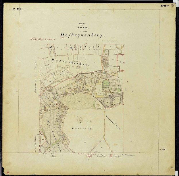 Alte Karte von Hofhegenberg, Deutschland, mit schwarzem Rand umrandet, zeigt Straßen, Gebäude und Sehenswürdigkeiten.