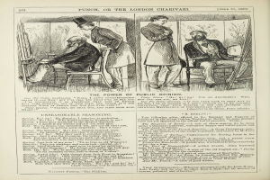 Ein altes Buchcover mit einem Mann in einem Anzug, der in einem Stuhl sitzt und nachdenklich schaut, und einer Frau, die neben ihm steht und ebenfalls nachdenklich schaut, mit der Überschrift "Die Macht der öffentlichen Meinung" auf der Seite.