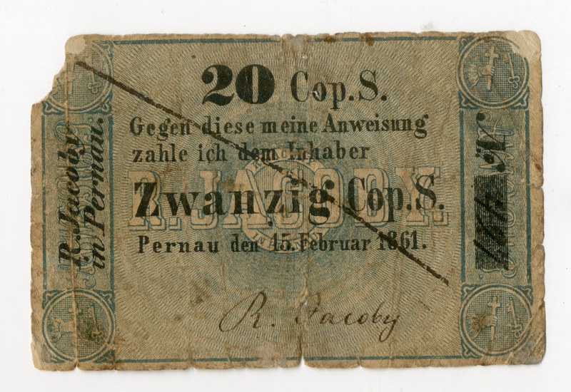 Alte deutsche 20-Mark-Banknote von 1861 mit Text und Zahlen auf weißem Hintergrund.