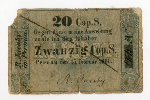 Alte deutsche 20-Mark-Banknote von 1861 mit Text und Zahlen auf weißem Hintergrund.