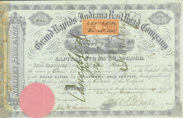 Alte Aktienurkunde mit pinker Stempelung und gedrucktem Text, wahrscheinlich Herkunft angebend.