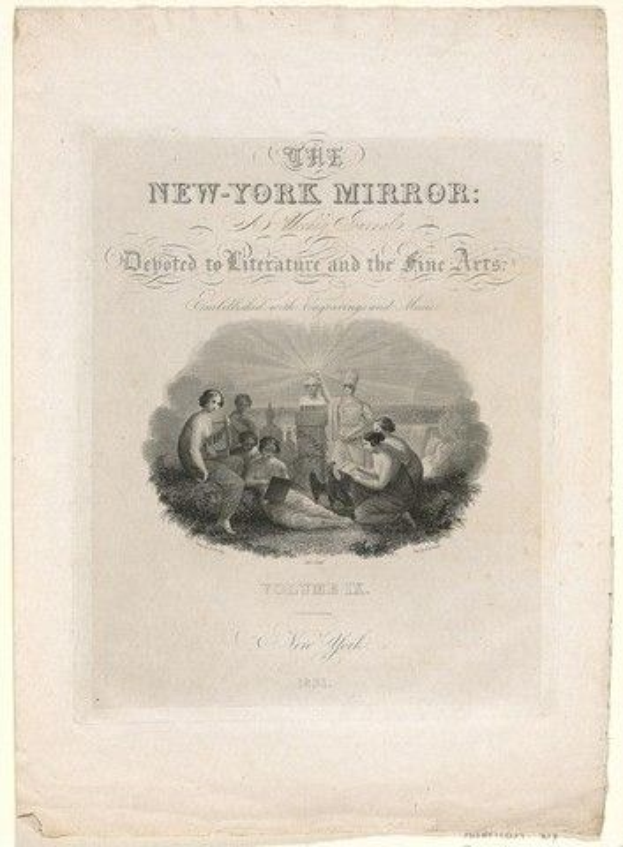 Ein Blatt mit einer Zeichnung von Menschen in traditioneller Kleidung, die den Text 'The New York Mirror: Devoted to Literature and the Fine Arts' bewundern, in einem dekorativen Rahmen auf einem hellblauen Hintergrund.