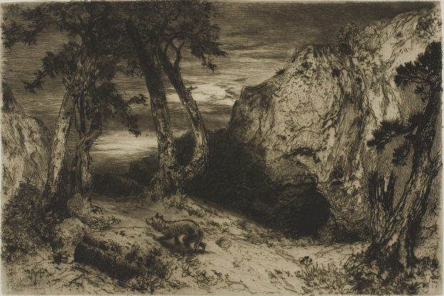 Schwarze und weiße Zeichnung einer Berglandschaft mit einem Hund im Vordergrund, umgeben von Bäumen und Felsen, mit Text unten.