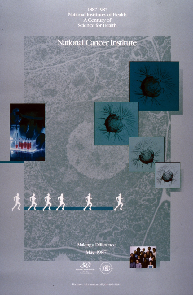 Buntes Plakat für das Nationale Krebsinstitut mit weißer Schrift in Großbuchstaben auf einem blauen Hintergrund, das ein kreisförmiges Arrangement von überlappenden Fotos von verschiedenen Menschen zeigt.