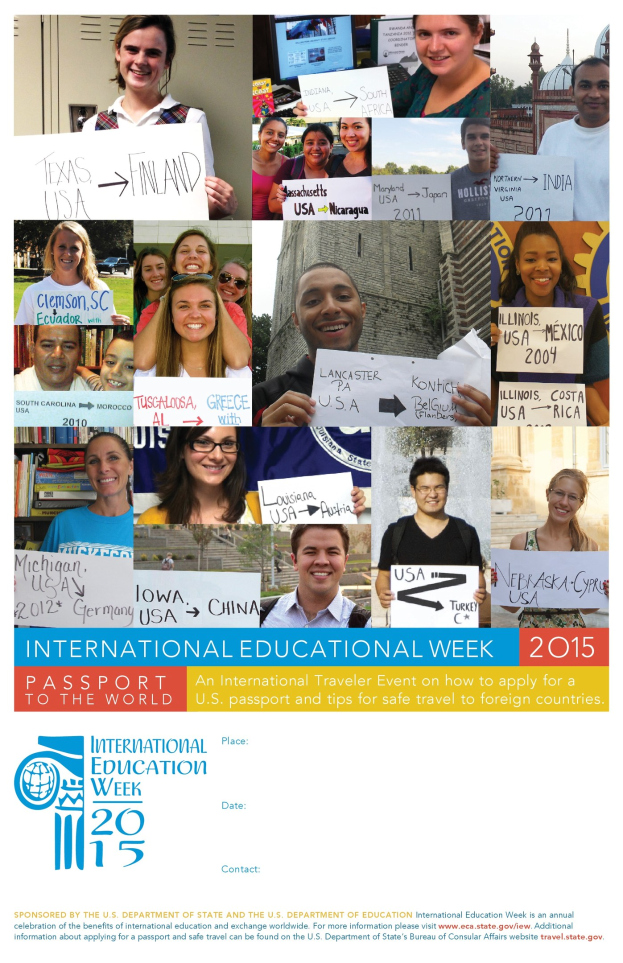 Internationaler Bildungswoche 2015-Plakat mit einer Gruppe lächelnder Menschen mit Schildern mit textbezogenen Informationen.