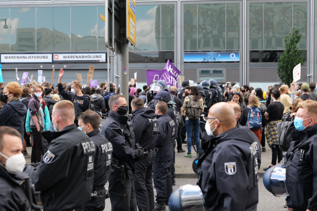 Große Gruppe von Menschen protestiert vor einem Gebäude, einige halten Schilder und tragen Helme, mit einem Schildpfahl im Vordergrund und einem Baum im Hintergrund.
