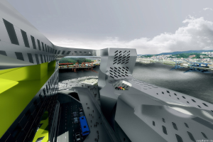 Ein Architekturgebäude mit einer Straße, die Fahrzeuge enthält, Gruppen von Menschen, einen fließenden Fluss, eine Brücke, Hintergrundgebäude und Bäume, Wolken am Himmel und ein Wasserzeichen in der unteren rechten Ecke.