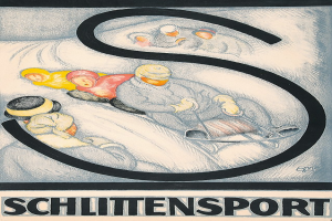 Plakat für die Schlittensport-Winterolympiade, das Menschen beim Skifahren auf einer verschneiten Piste zeigt, mit Text, der Details zum Event liefert.