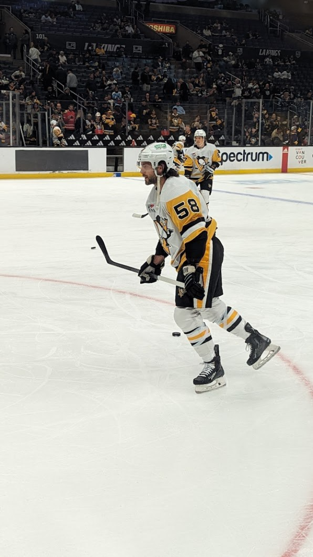 Eishockeyspieler auf dem Eis mit einem Stock, Helm, Handschuhen und Turnschuhen, mit Zuschauern in den Rängen und Bande im Hintergrund.