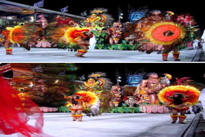 Eine Collage mit Menschen, die auftreten, einer Statue und einem Gebäude.