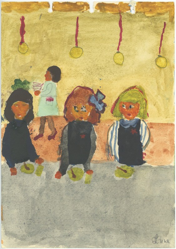 Malen von drei Kindern in Festkleidung, die auf einer Bank vor einer Wand mit Weihnachtsornamenten, Orchideen und anderen Festdekorationen sitzen und strahlen.