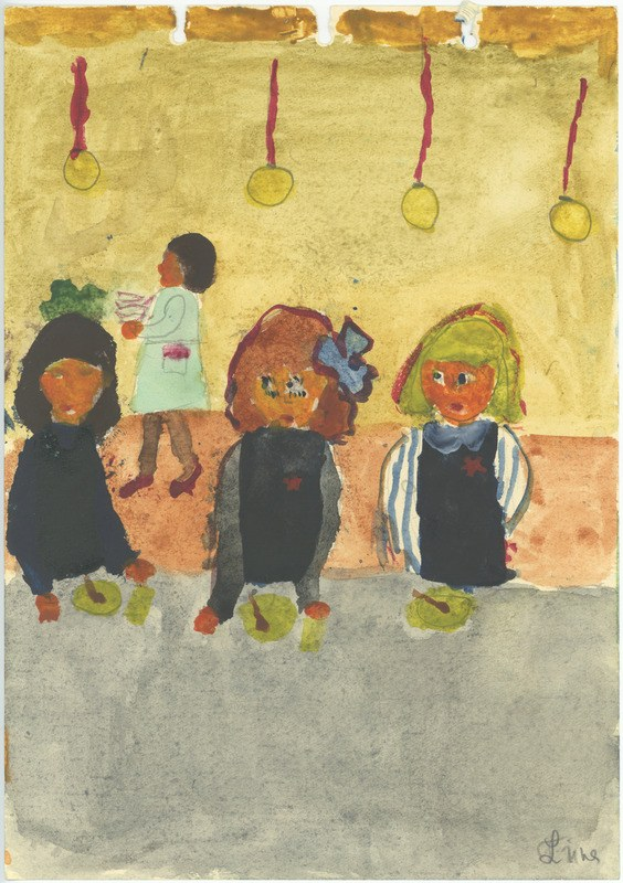 Malen von drei Kindern in Festkleidung, die auf einer Bank vor einer Wand mit Weihnachtsornamenten, Orchideen und anderen Festdekorationen sitzen und strahlen.