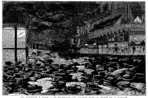 Eine Schwarz-Weiß-Illustration einer Menge auf einer Stadtstraße, mit einem Gebäude auf der rechten Seite und einem Baum im Hintergrund, betitelt mit 'Les élections à Paris, le boulevard des italiens dans la soirée du 16 octobre 1885'.