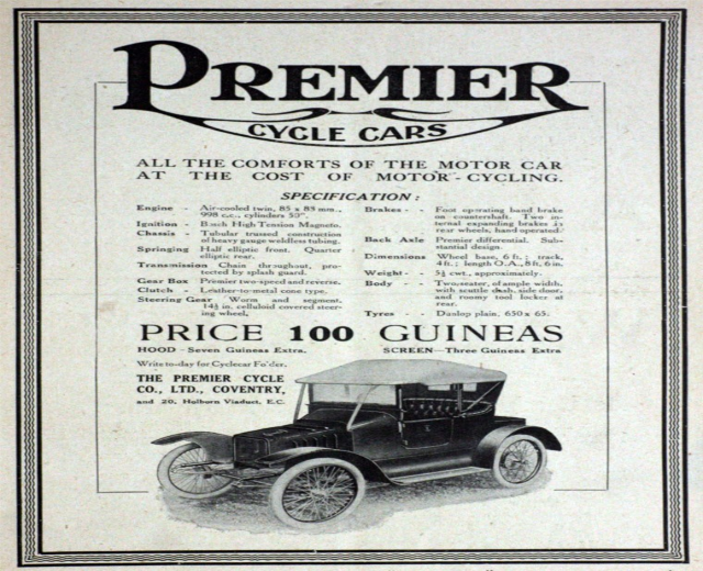 Werbeposter für Premier Cycle Cars mit einem klassischen schwarzen Auto mit schlankem Design und weißer Schrift.