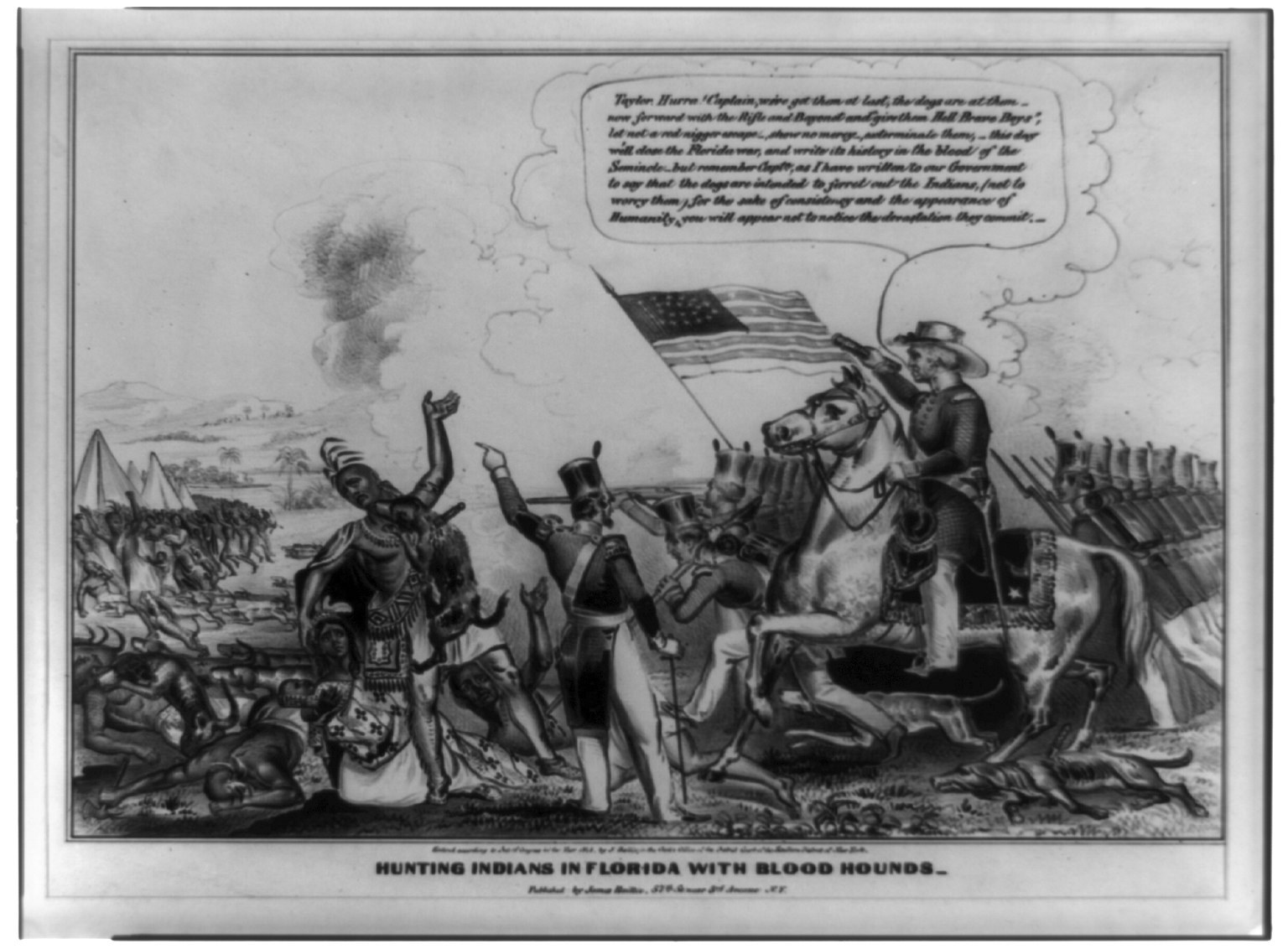 Schwarzes und weißes Foto einer Gruppe von Menschen, einige zu Pferde, mit einer Flagge im Hintergrund und Text, der unten 'Jagen von Indianern in Florida mit Bluthunden' lautet.