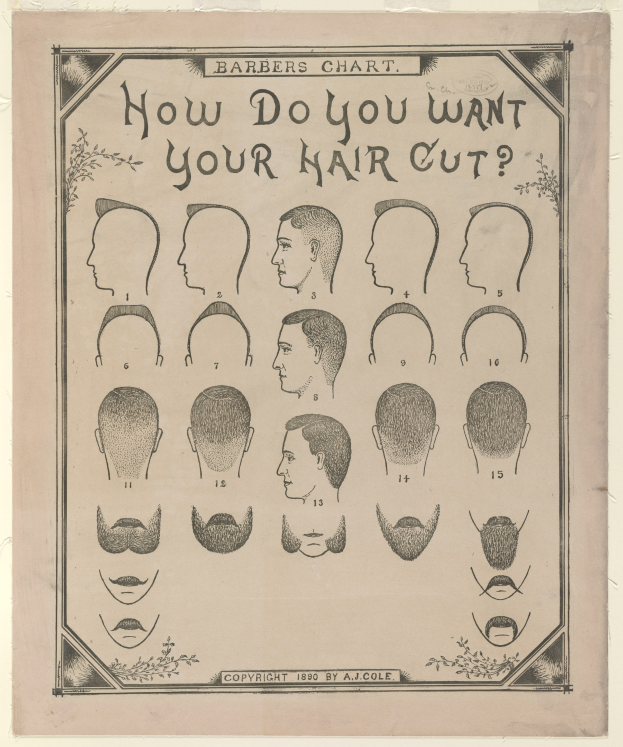 Ein Blatt mit Bildern von Köpfen und dem Text 'Wie möchtest du deine Haare geschnitten haben?'