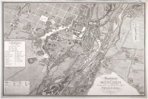 Ein gerahmter, detaillierter alter Stadtplan von München, Deutschland, der Straßen, Gebäude und Sehenswürdigkeiten zeigt.