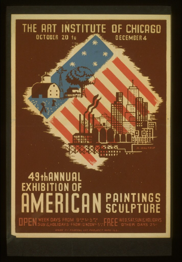 Plakat für die 49. Jahresausstellung amerikanischer Malerei und Skulptur des Art Institute of Chicago, das Text und verwandte Bilder zeigt.