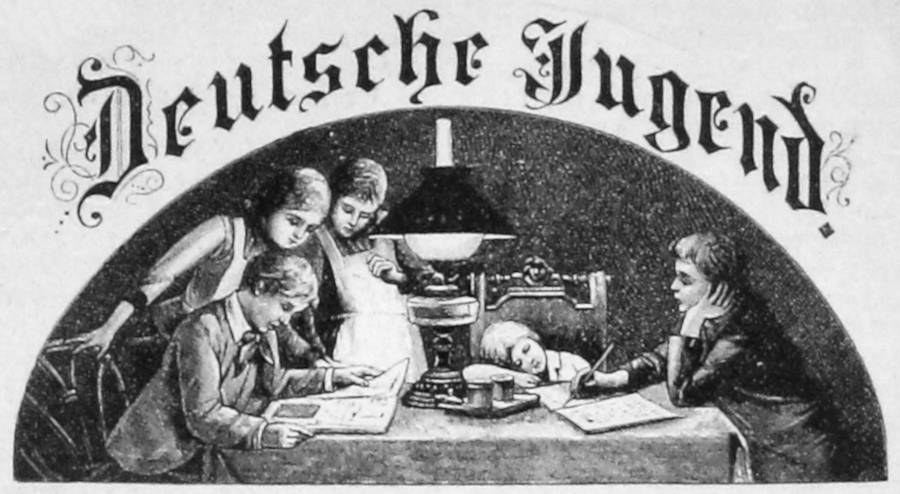 Ein Schwarz-Weiß-Plakat mit der Aufschrift 'Deutsche Jugend' über einer Gruppe von Kindern, die um einen Tisch mit einer Lampe, Büchern und anderen Gegenständen sitzen.