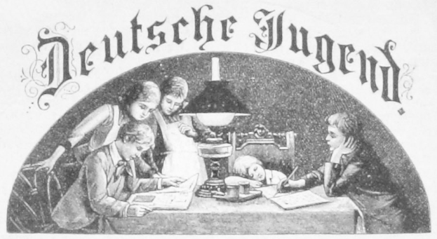 Ein Schwarz-Weiß-Plakat mit der Aufschrift 'Deutsche Jugend' über einer Gruppe von Kindern, die um einen Tisch mit einer Lampe, Büchern und anderen Gegenständen sitzen.