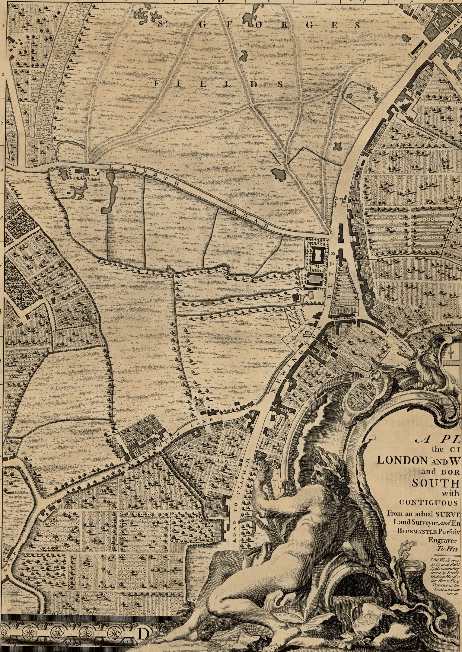 Ein detailliertes Plakat mit einer Karte von London und seinen umliegenden Gebieten mit einer zentralen Skulptur einer Person.