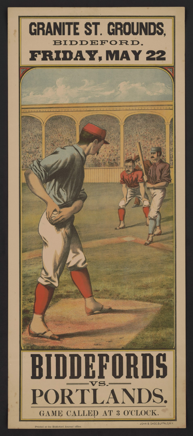 Plakat für ein Baseball-Spiel zwischen Biddeford und Portland mit einem Spieler in Uniform und entschlossener Miene.