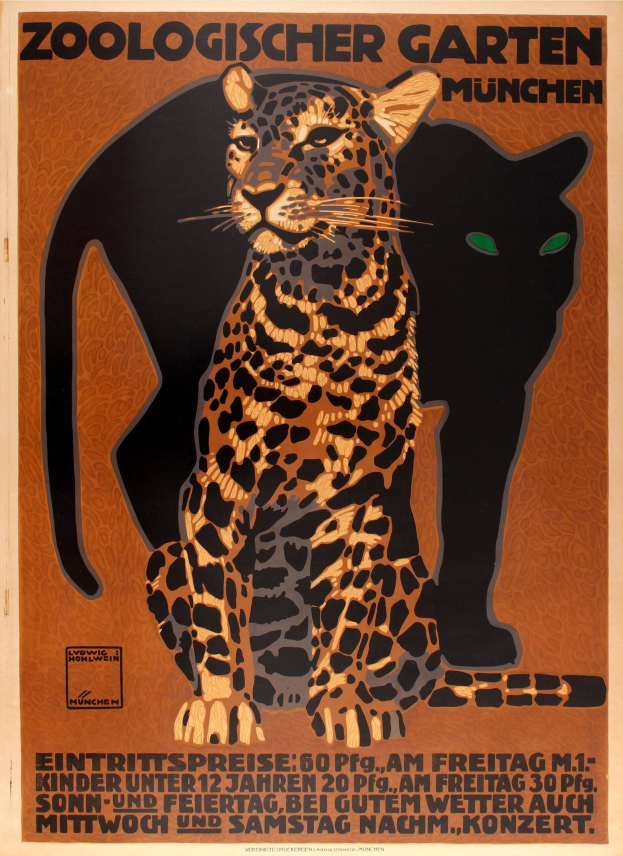 Plakat für einen Münchner Zoo mit Bildern einer Leopardin und einer Hauskatze und Texten mit Zooinformationen.