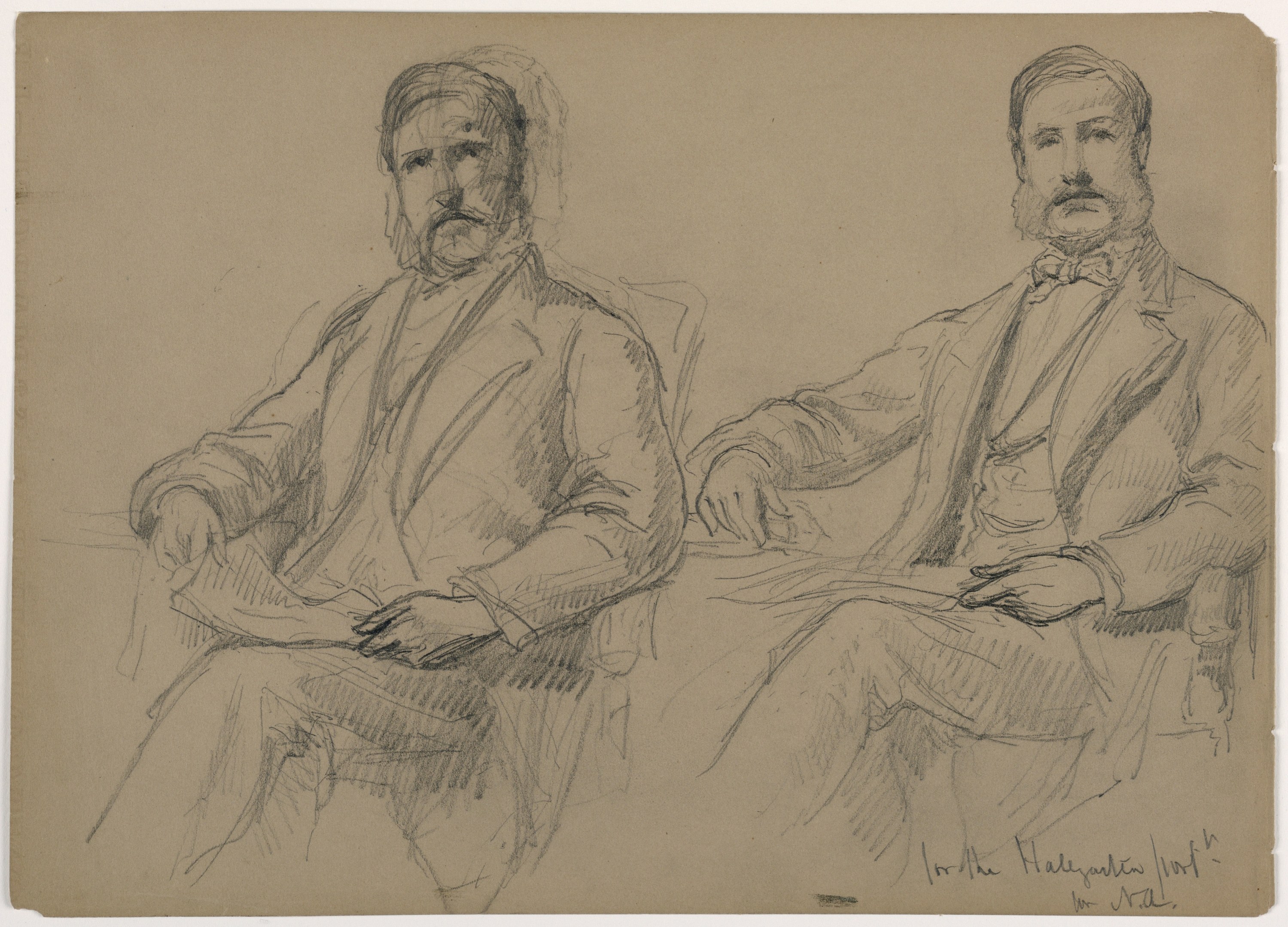 Zwei Männer in Anzügen sitzen nebeneinander auf Stühlen mit ernsten Gesichtern und schauen auf ein Papier mit teilweise sichtbarem Text.