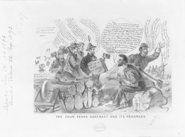 Ein Blatt mit einer Karikatur betitelt "Der Vierjahresvertrag und sein Fortschritt", das den Zeitplan des Vertrags zeigt.