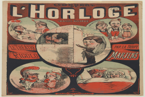 Plakat für ein Konzert im Chorloge Theater in Paris mit einer Gruppe von Menschen in farbenfrohen Kostümen in einer lebhaften Umgebung.