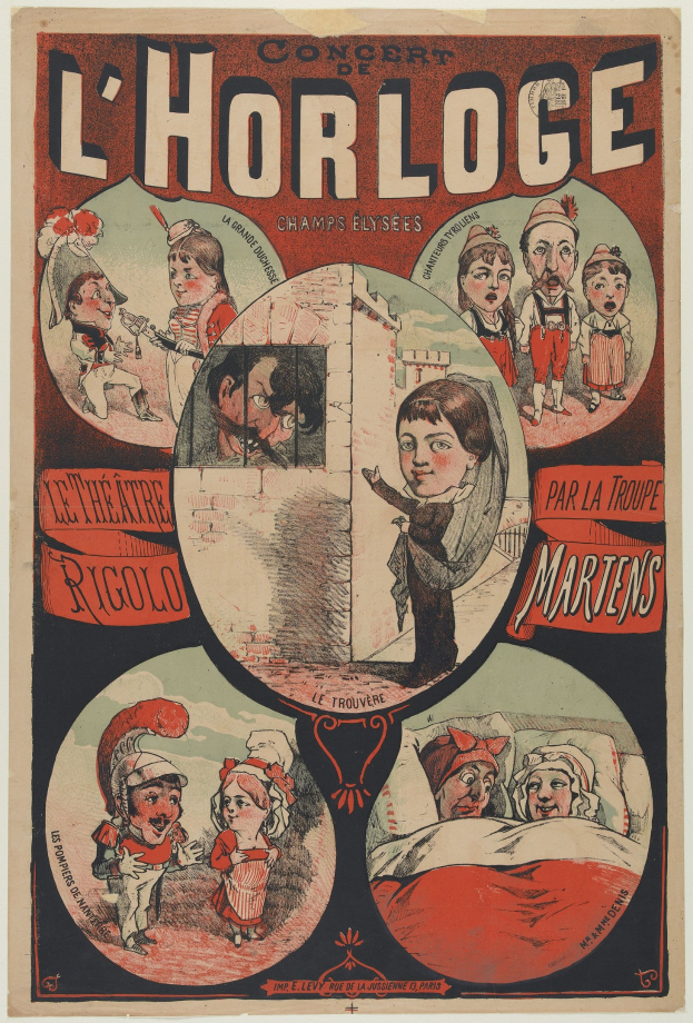 Plakat für ein Konzert im Chorloge Theater in Paris mit einer Gruppe von Menschen in farbenfrohen Kostümen in einer lebhaften Umgebung.