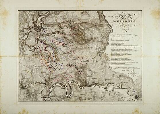 Detailierte alte Karte von Würzburg, Deutschland, die Straßen, Gebäude und Sehenswürdigkeiten zeigt, begleitet von Text über Bevölkerung, Straßen und andere Merkmale.