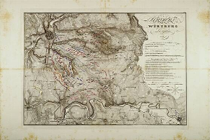 Detailierte alte Karte von Würzburg, Deutschland, die Straßen, Gebäude und Sehenswürdigkeiten zeigt, begleitet von Text über Bevölkerung, Straßen und andere Merkmale.
