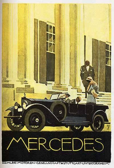 Vintage-Plakat aus den 1920er Jahren mit einem Mercedes-Benz-Auto mit zwei Insassen, das vor einem modernen Gl├Ąserturm geparkt ist, mit 'Mercedes-Benz'-Text unten.