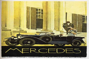Vintage-Plakat aus den 1920er Jahren mit einem Mercedes-Benz-Auto mit zwei Insassen, das vor einem modernen Gl├Ąserturm geparkt ist, mit 'Mercedes-Benz'-Text unten.