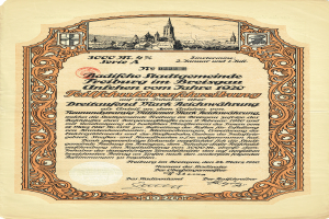 Ein altes deutsches Aktienzertifikat mit einer Stadtansicht-Illustration und bedrucktem Text über den Ursprung der Aktie.