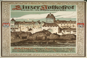 Plakat für ein deutsches Fest mit einer Illustration eines Schlosses mit umliegenden Häusern und Text mit Festivaldetails.